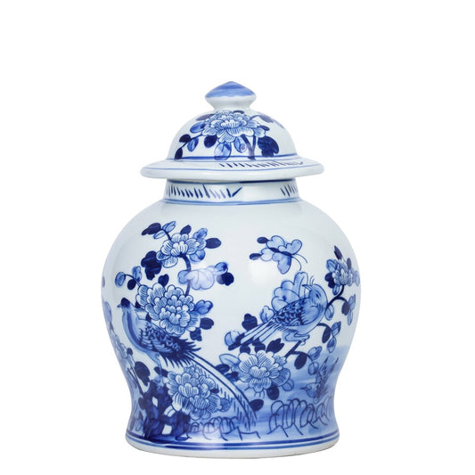 Blue and White Floral Bird Motif Porcelain Jar 12"