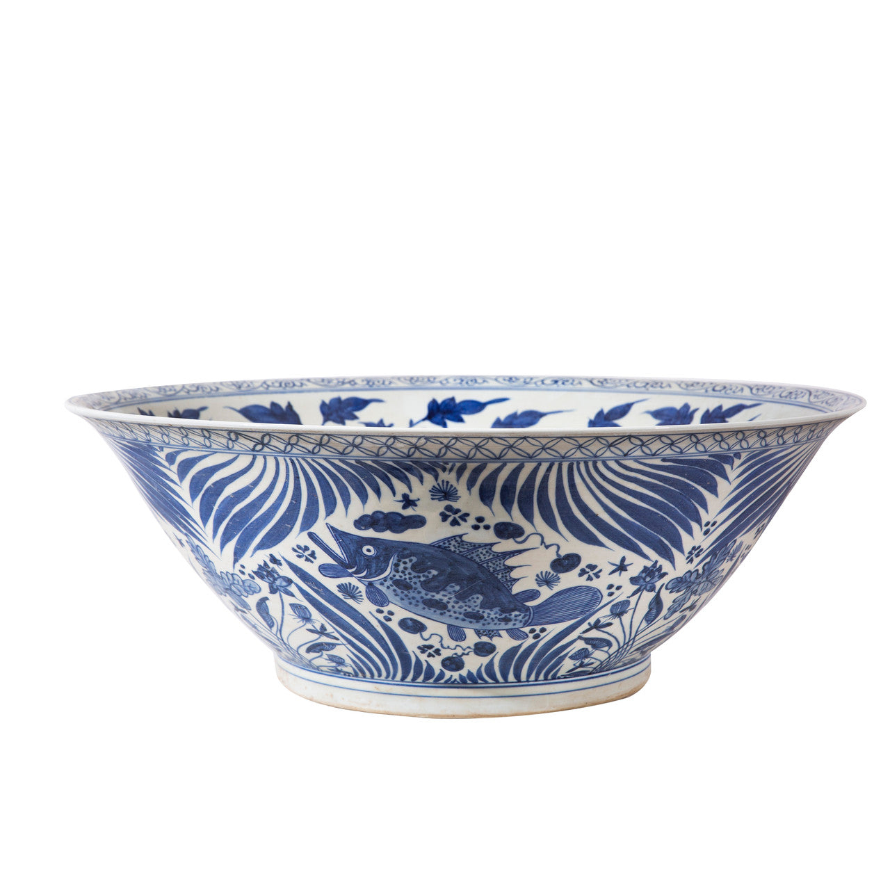 Blue & White Porcelain Village Fish Bowl Phoenix Large