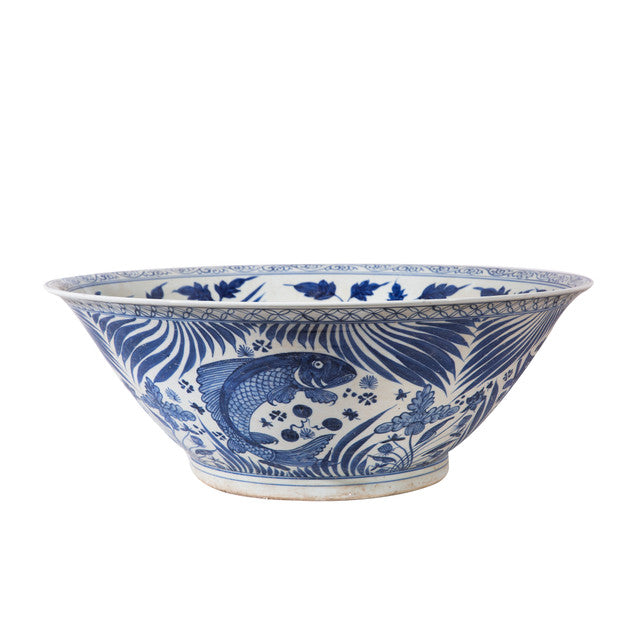 Blue & White Porcelain Village Fish Bowl Phoenix Large