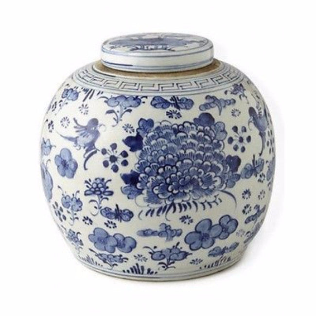 Blue and White Bird Swallow Motif Porcelain Ginger Jar 12"