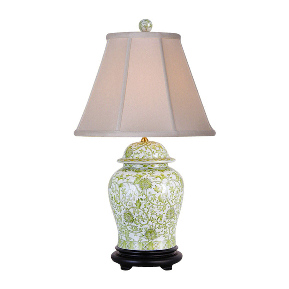 Green and White Floral Pattern Porcelain Temple Jar Table Lamp 29"