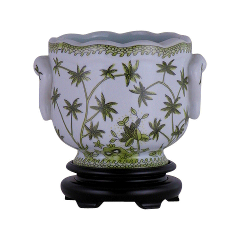Pair of Round Scallop Rim Green and White Floral Porcelain Pot Wooden Base 7"