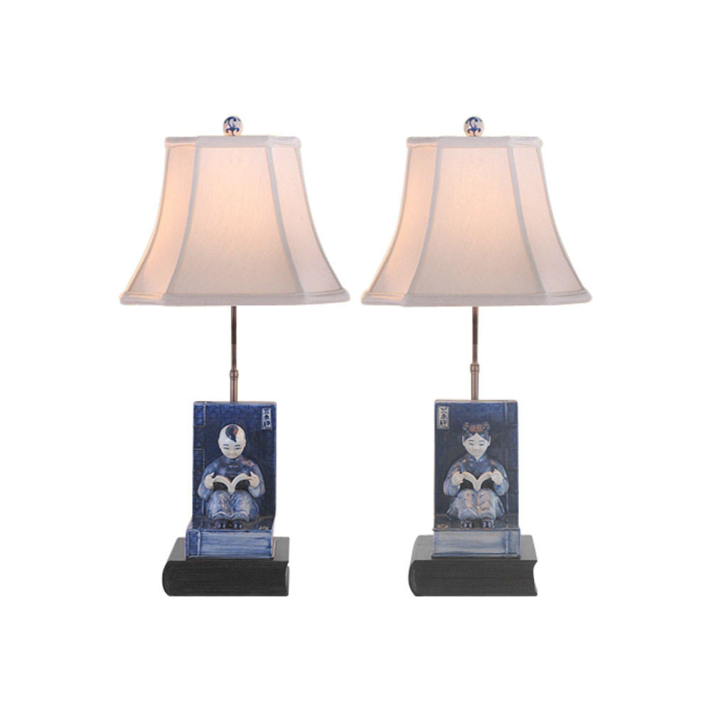 Set of Blue and White Boy and Girl Bookend Porcelain Table Lamp 24"