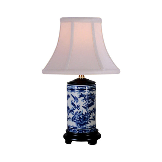 Blue and White Porcelain Bird Motif Cylindrical Porcelain Vase Table Lamp 15"