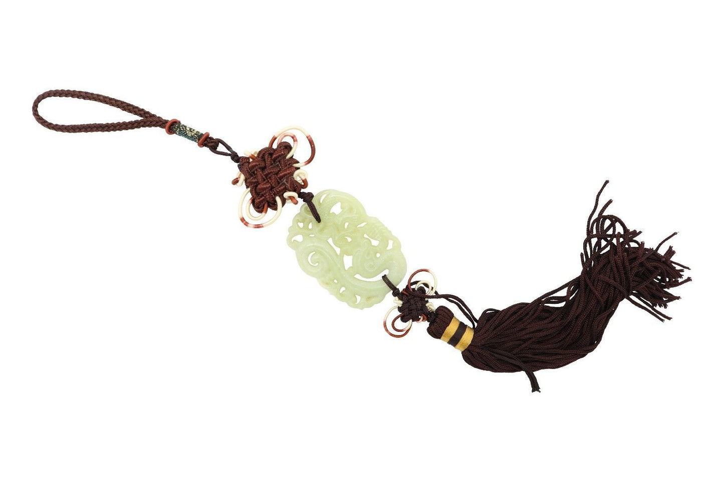 Beautiful Jade Dragon Talisman Brown Tassel 14" Length