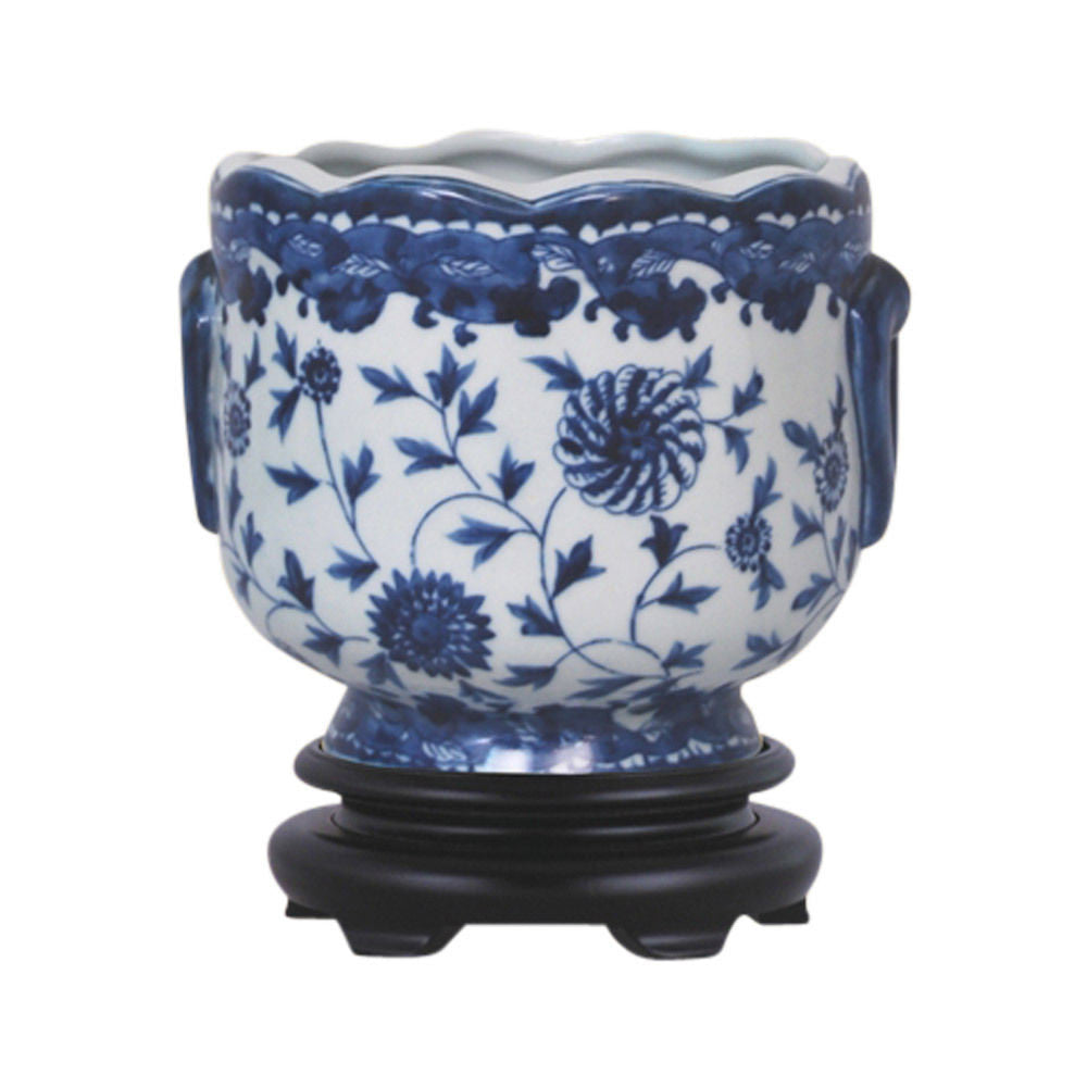 Pair of Round Scallop Rim Blue and White Floral Porcelain Pot Wooden Base 7"