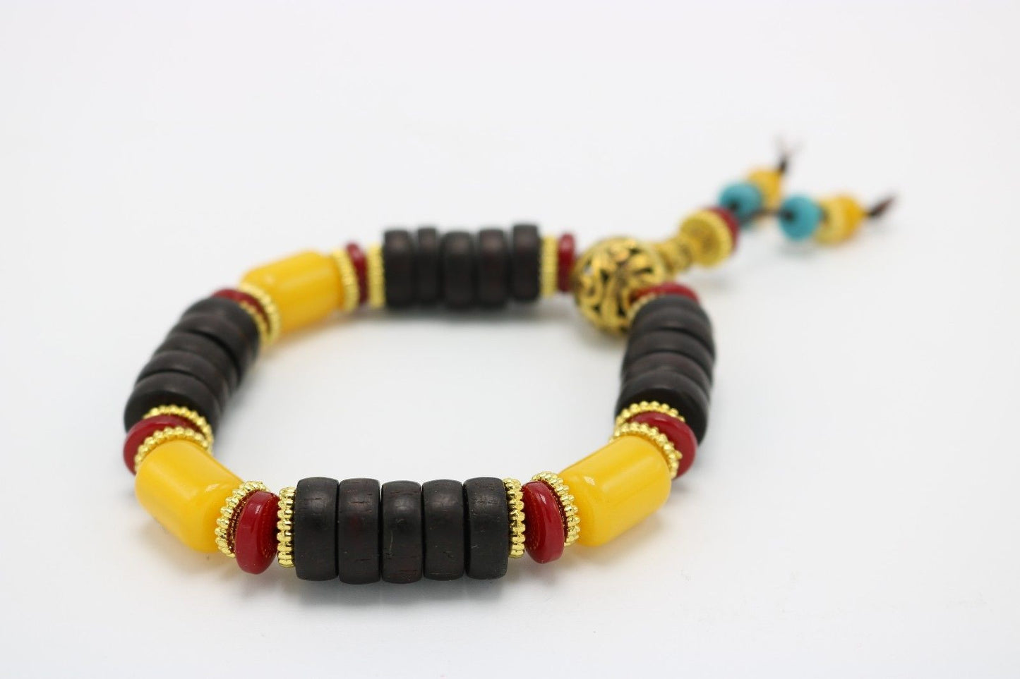 Stone and Wood Beaded Bracelet Gold Color Gourd Yellow Red Black Turqoise