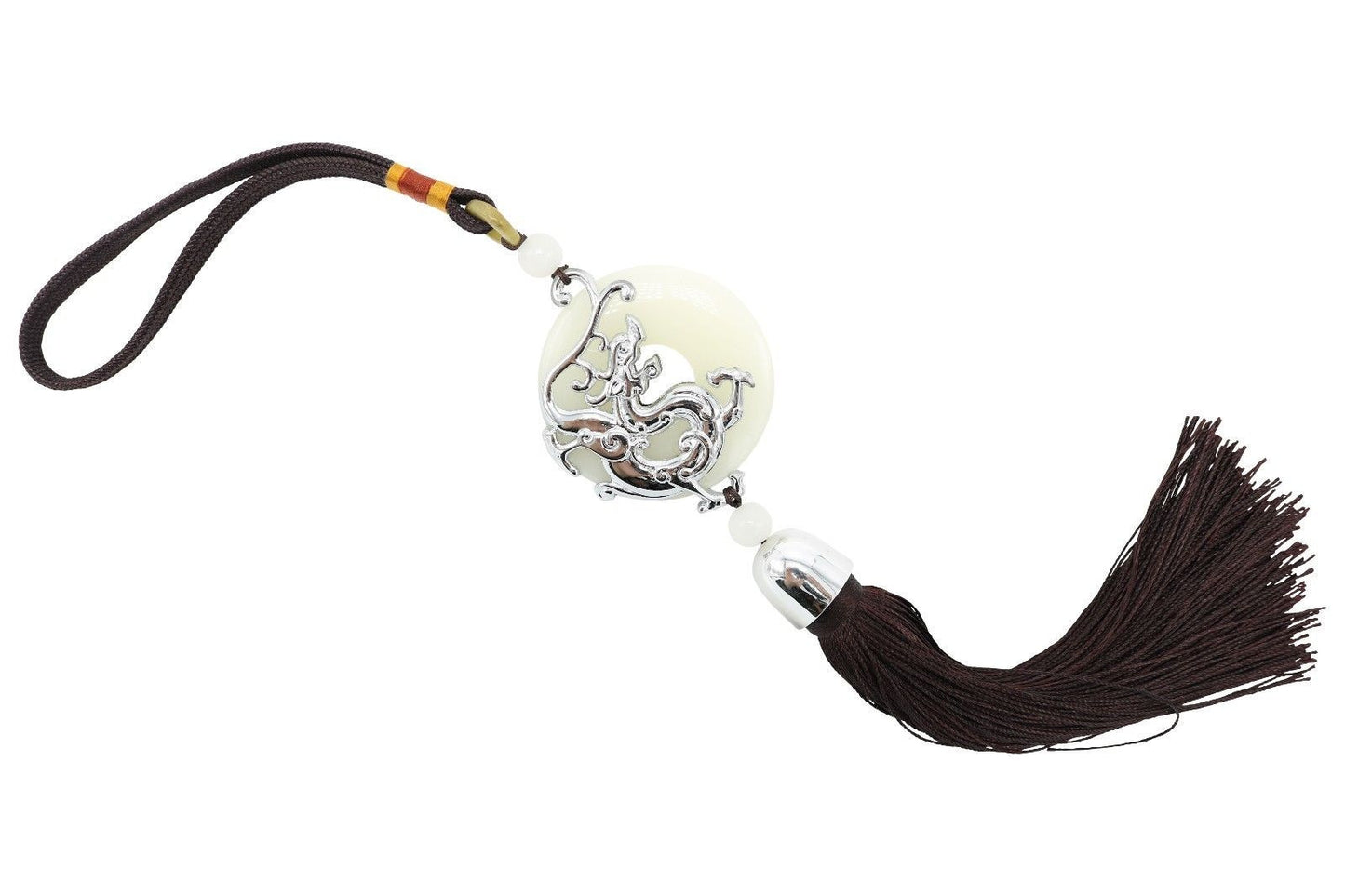 Beautiful Jade Round Coin with Silver Color Dragon Brown Tassel 14"