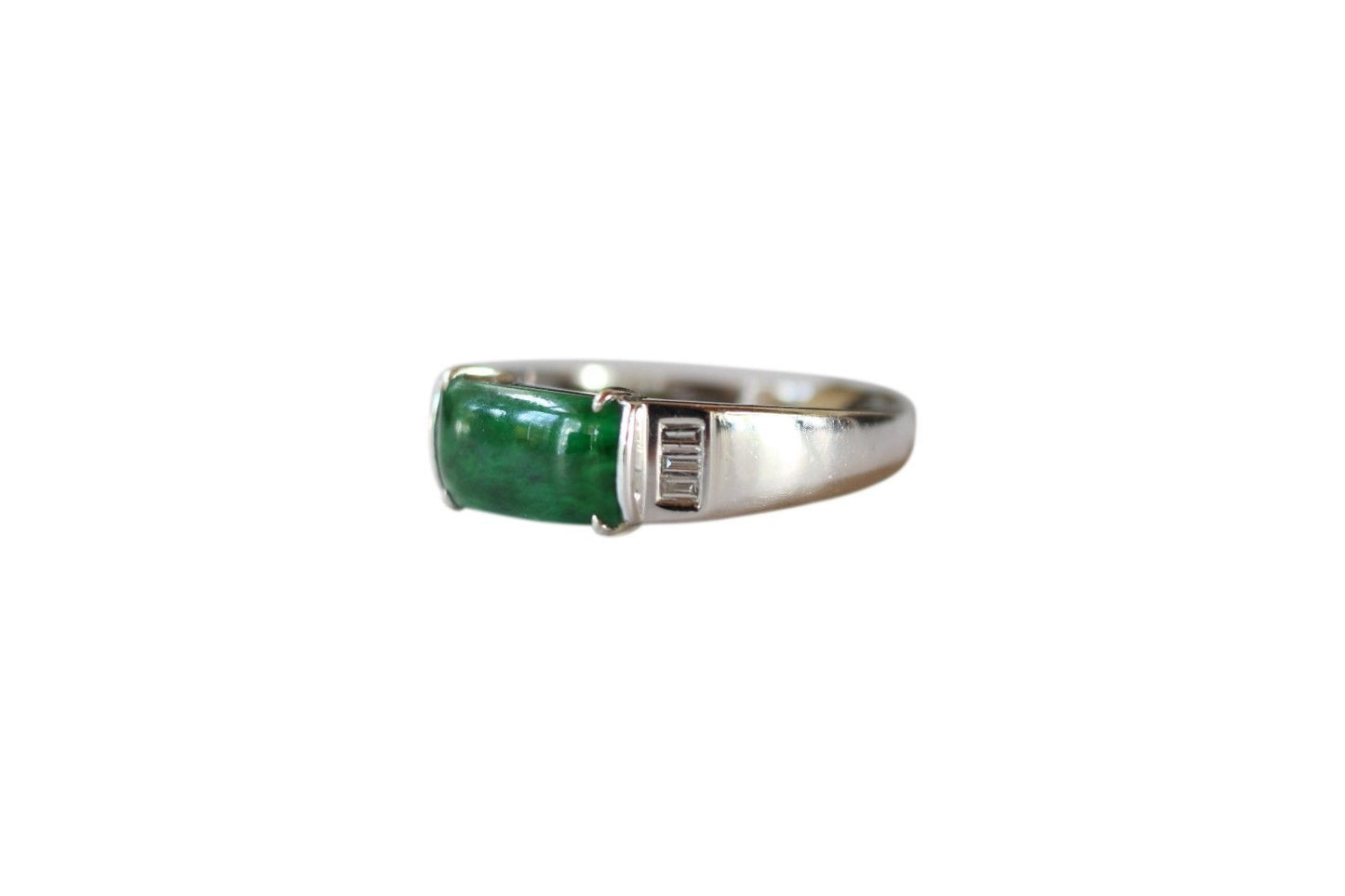 Fine Size 6.5 Rectangular Imperial Jade Ring with 0.12ct Diamonds 18K Gold Band