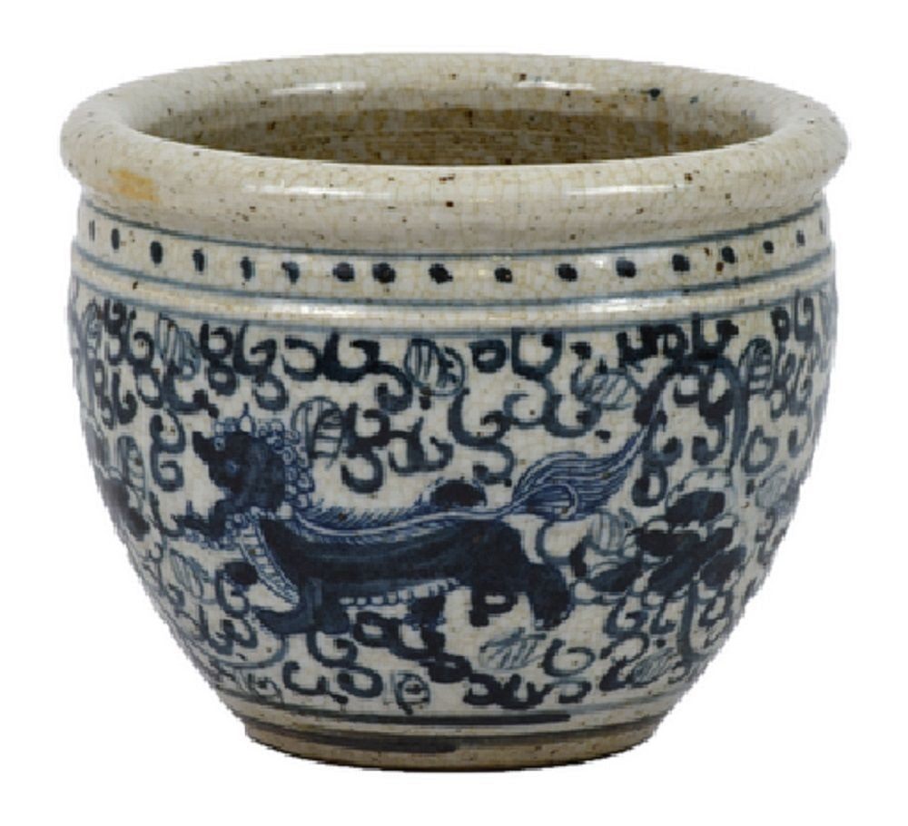 Vintage Style Blue and Antiqued White Foo Dog Motif Porcelain Pot 5"