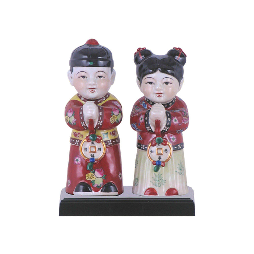 Cute Set of Porcelain Man and Woman Greeting Chinese Figurine 9"