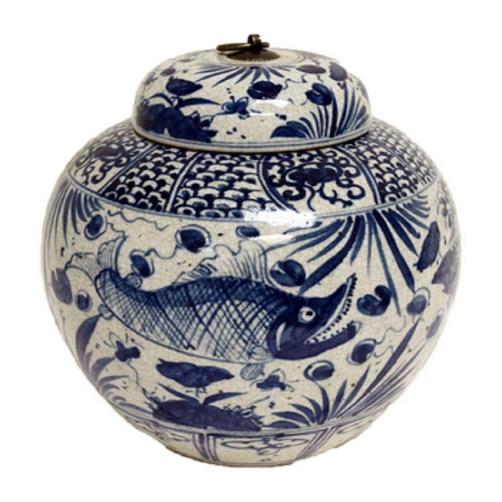 Vintage Style Blue and White Porcelain Lidded Ginger Jar Fish Motif 10"