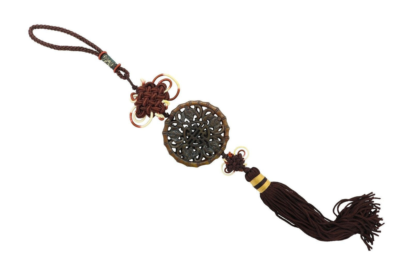 Beautiful Brown Jade Double Happiness Brown Tassel 14" Length