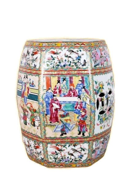 Chinese Rose Canton Hexagonal Garden Stool 18"