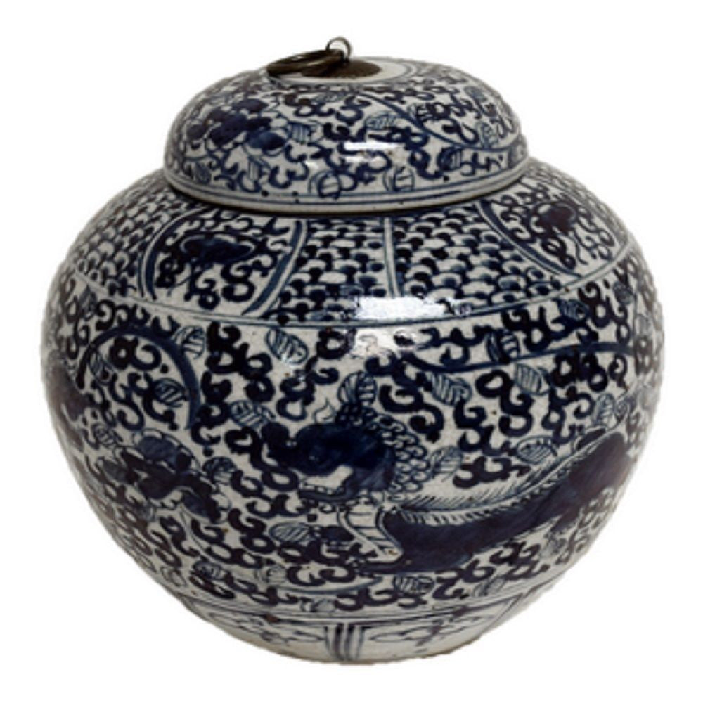 Vintage Style Blue and White Porcelain Lidded Ginger Jar Foo Dog Motif 10"