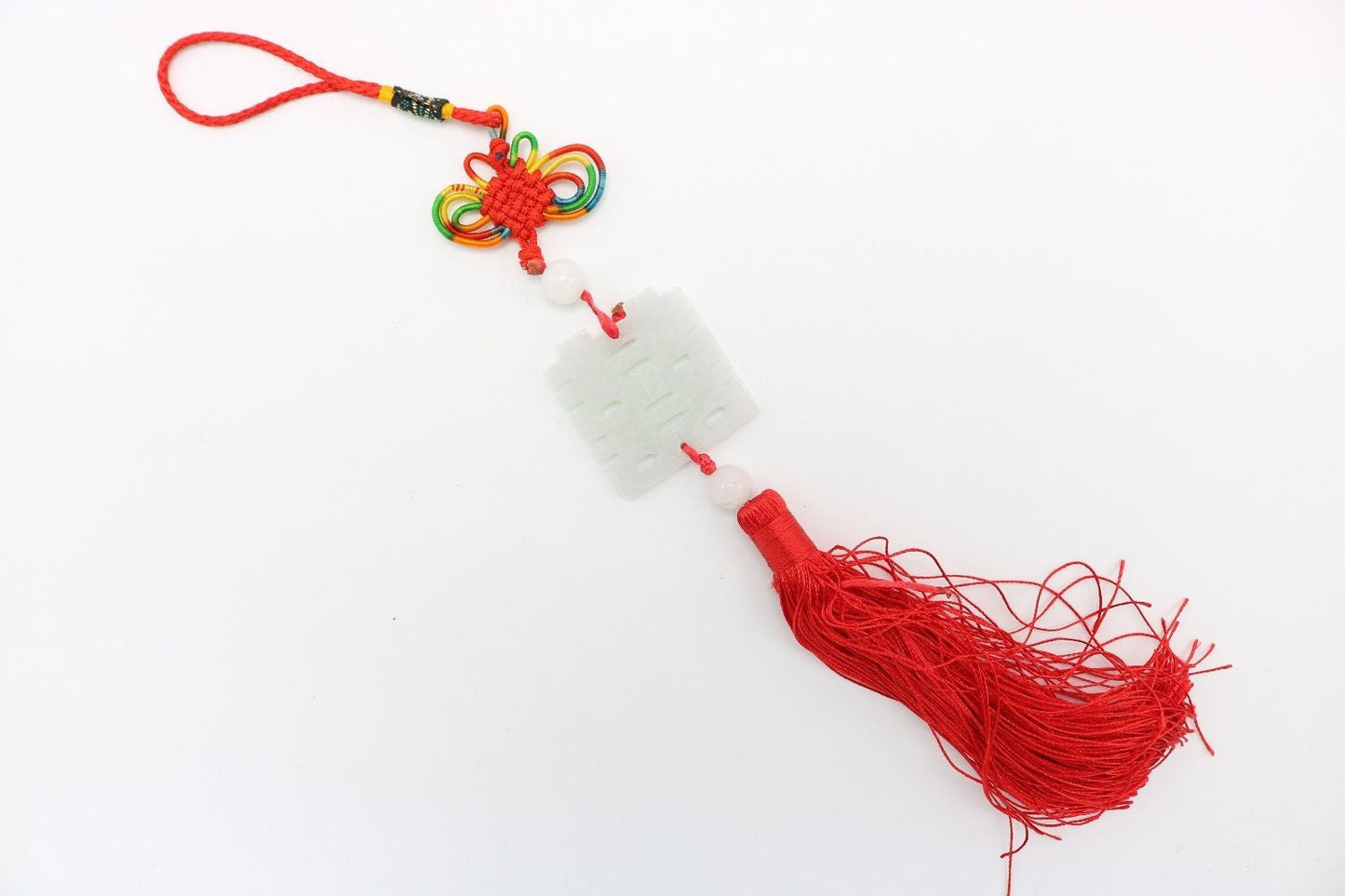 Cute Jade Stone Double Happiness Red Tassel 11" Length