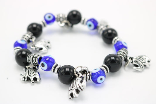 Beautiful Blue Eyed Beaded Bracelet Elephant Black Ball Beads