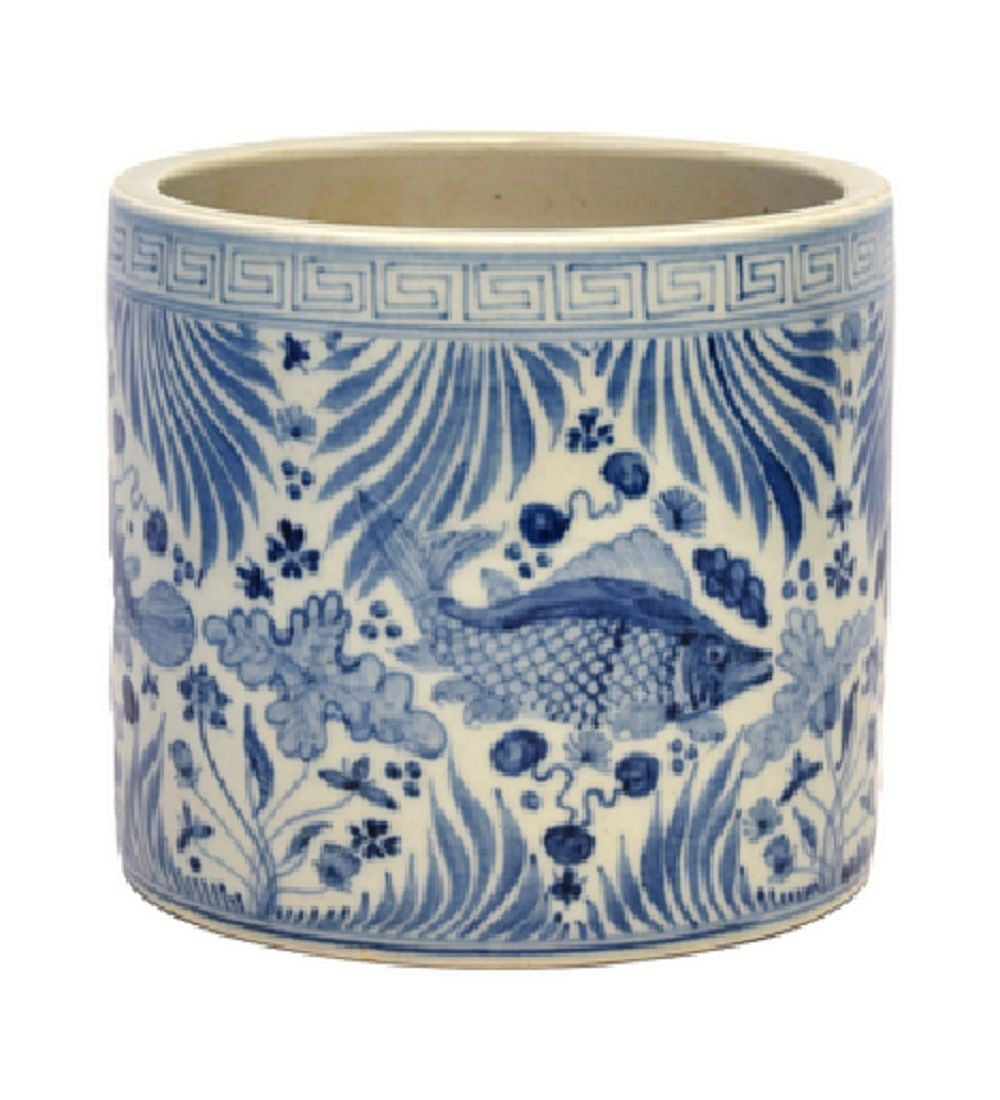 blue and white plant pot Vintage Style Blue and White Porcelain Fish Motif Flower Pot 7"