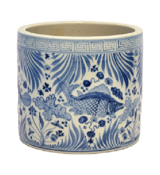 Vintage Style Blue and White Porcelain Fish Motif Flower Pot 7"