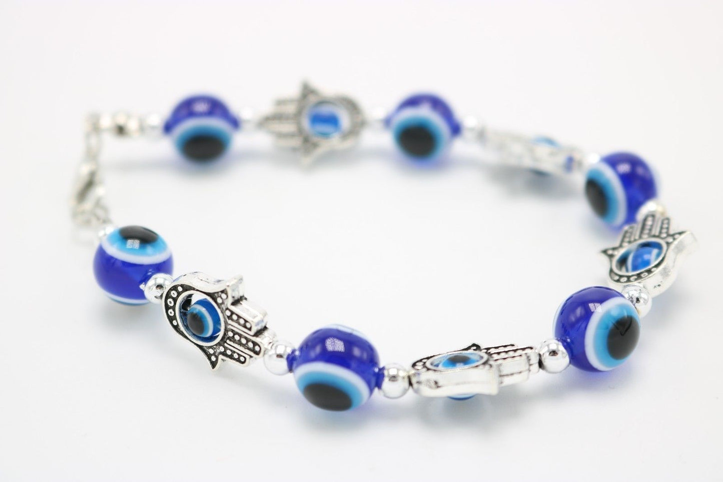 Beautiful Blue Eyed Beaded Bracelet Evil Eye Hand Fatima Silver Color