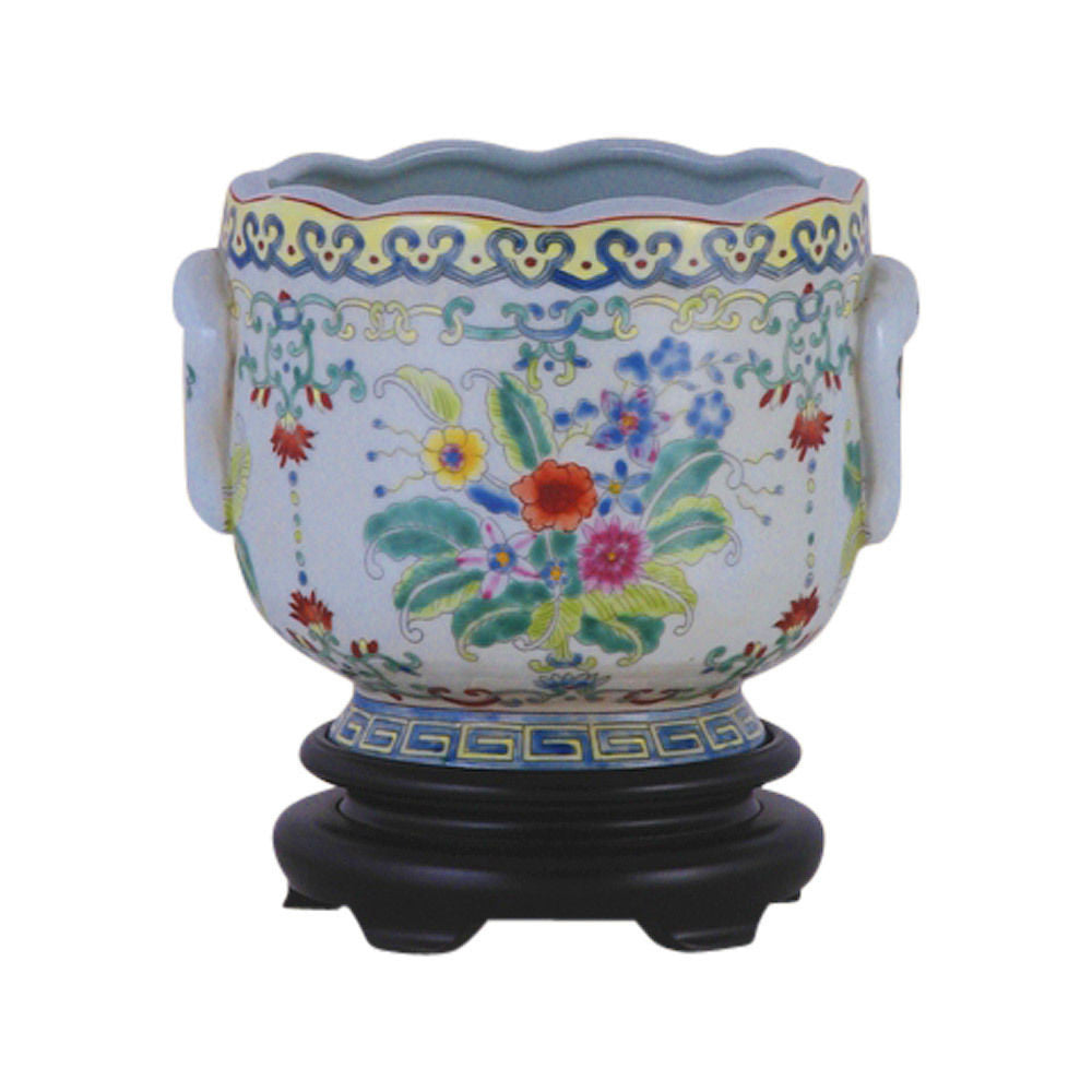 Pair Round Scallop Rim Floral 2 Porcelain Pot Wooden Base 7"