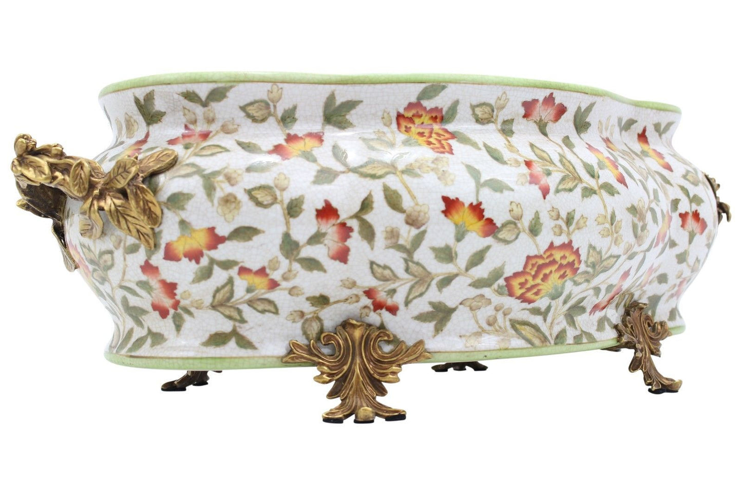 Large Floral Patterend Porcelain Foot Bath Basin Brass Ormolu Accents