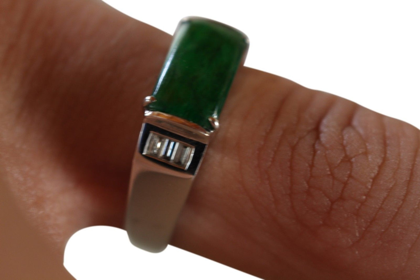 Fine Size 6.5 Rectangular Imperial Jade Ring with 0.12ct Diamonds 18K Gold Band