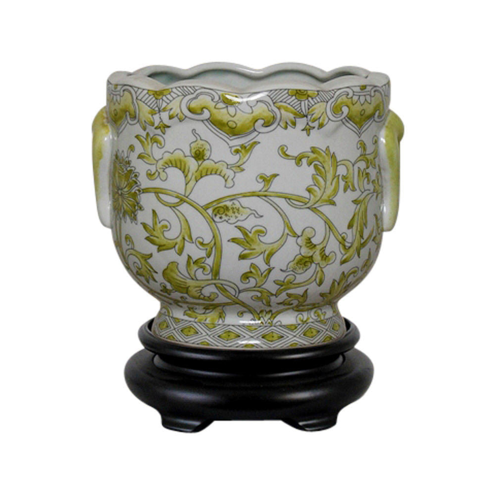 Pair Round Scallop Rim Green and White Lotus Porcelain Pot Wooden Base 7"