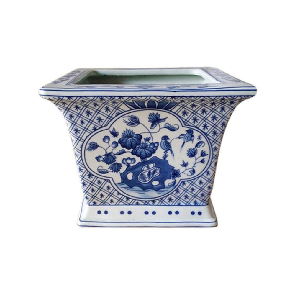 Beautiful Pair Blue and White Floral Bird Motif Square Porcelain Flower Pot 6"