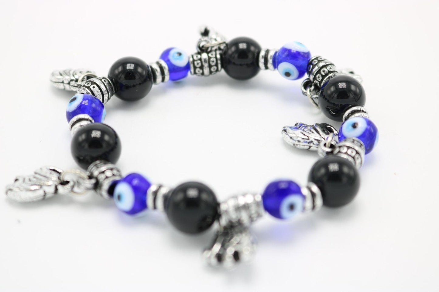 Beautiful Blue Eyed Beaded Bracelet Elephant Black Ball Beads