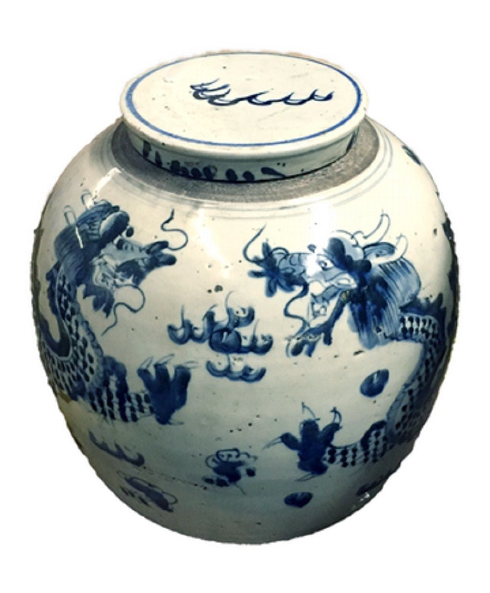 Vintage Style Blue and White Porcelain Lidded Ginger Jar Dragon Motif 10"