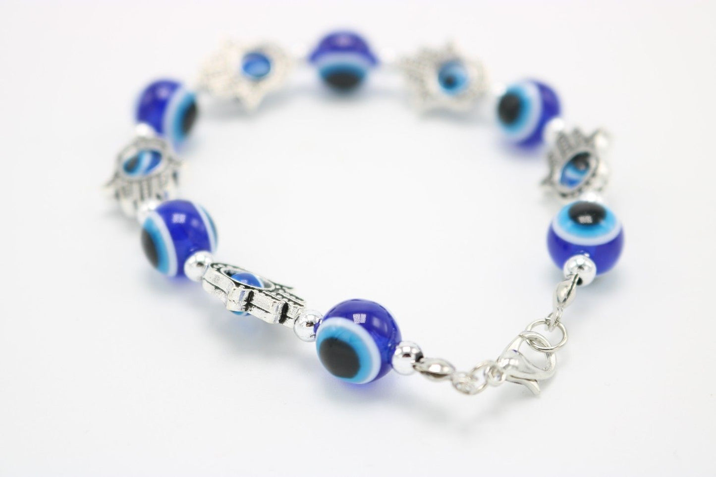 Beautiful Blue Eyed Beaded Bracelet Evil Eye Hand Fatima Silver Color