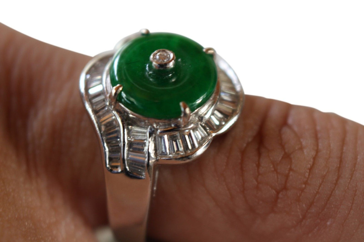 Fine Size 7.25 Round Imperial Jade Ring with 0.615ct Diamonds 18K Gold Band