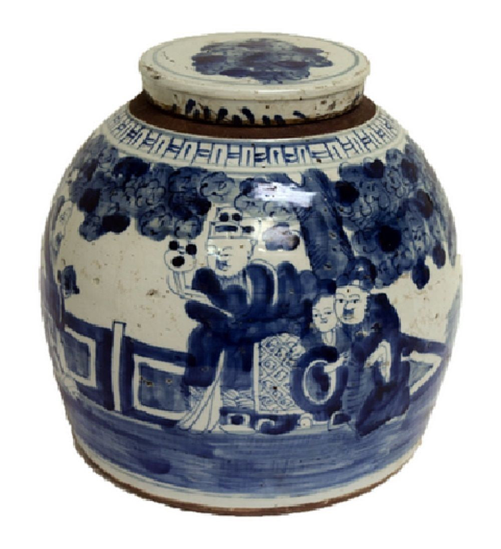 Vintage Style Blue and White Porcelain Lidded Ginger Jar 8 Immortals 11"