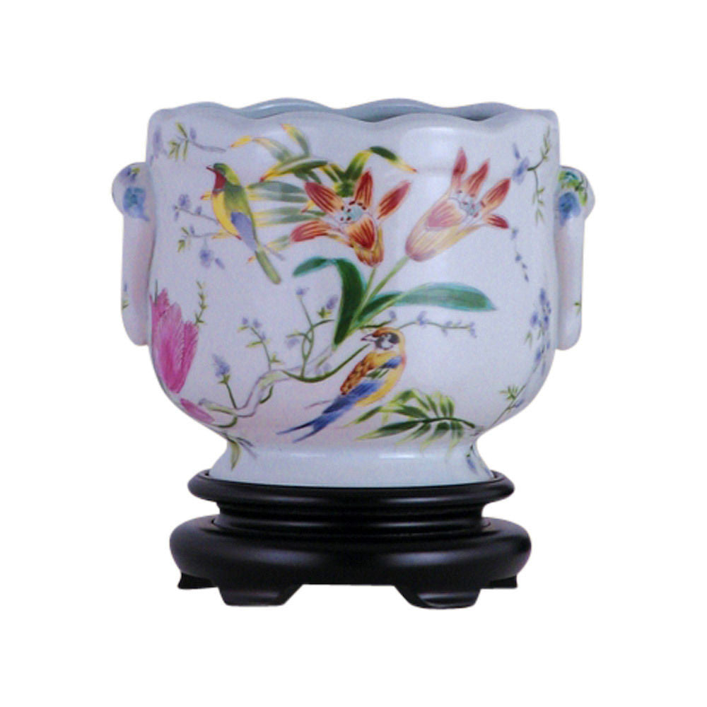 Pair of Round Scallop Rim Bird and Floral Porcelain Pot Wooden Base 7"