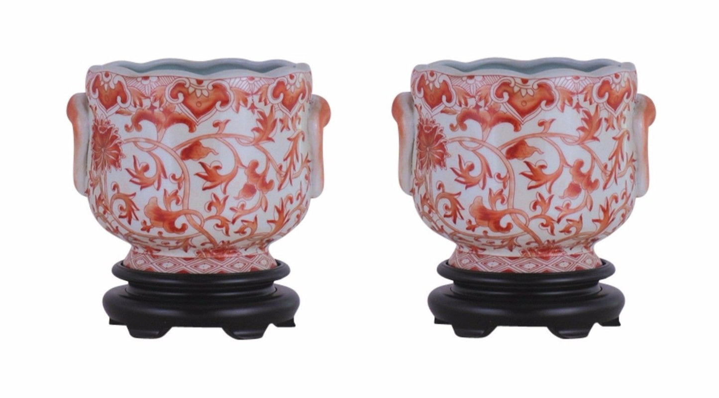 Pair Round Scallop Rim Orange and White Lotus Porcelain Pot Wooden Base 7"