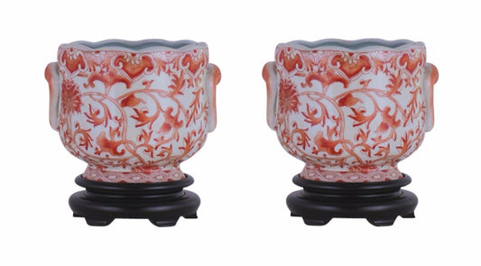 Pair Round Scallop Rim Orange and White Lotus Porcelain Pot Wooden Base 7"