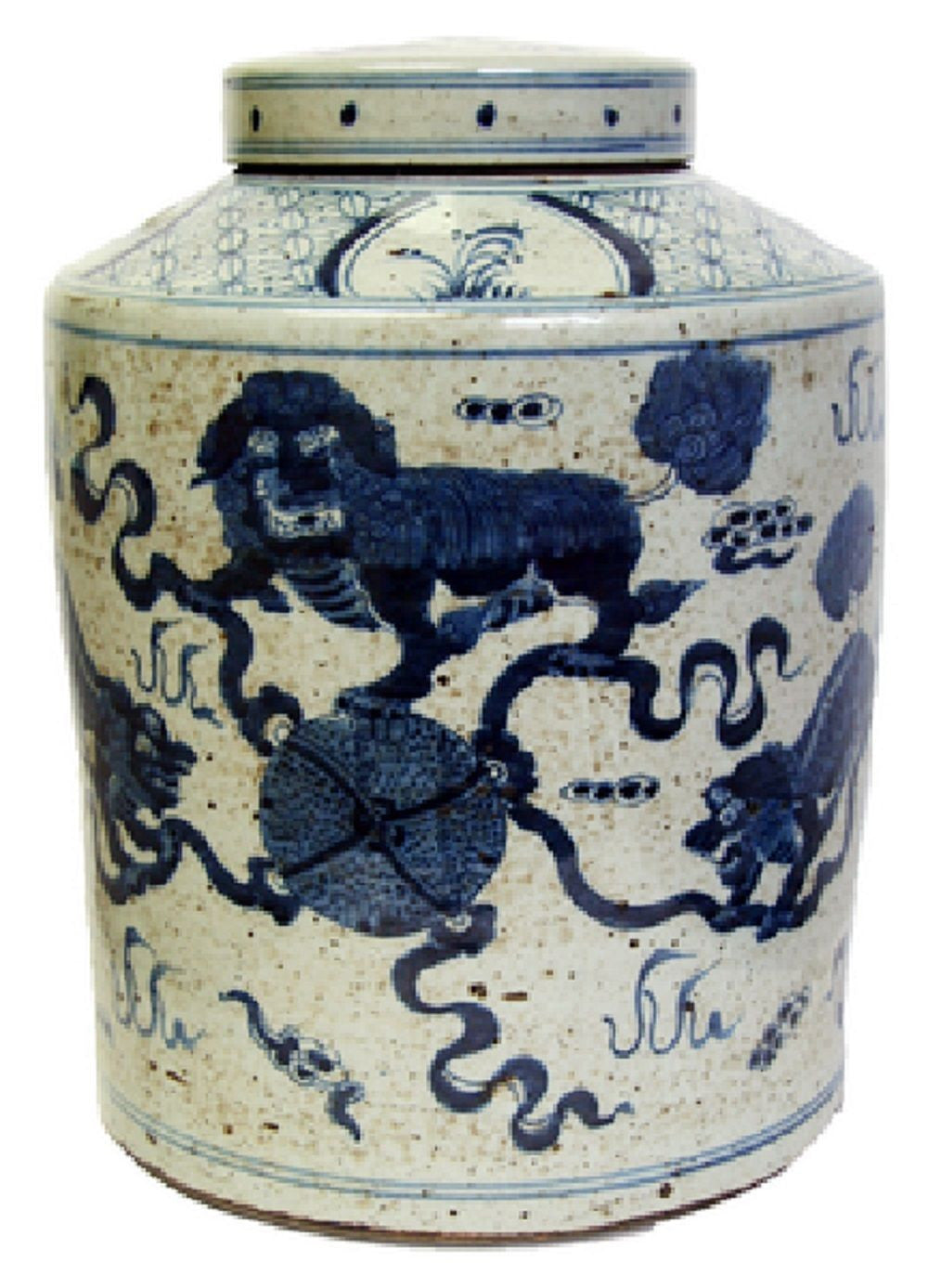 Vintage Style Blue and White Foo Dog Motif Porcelain Tea Caddy Jar 16"