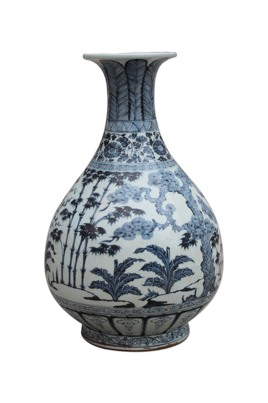 Beautiful Blue and White Ming Pear Shaped Porcelain Vase Bamboo Plum Motif 23"