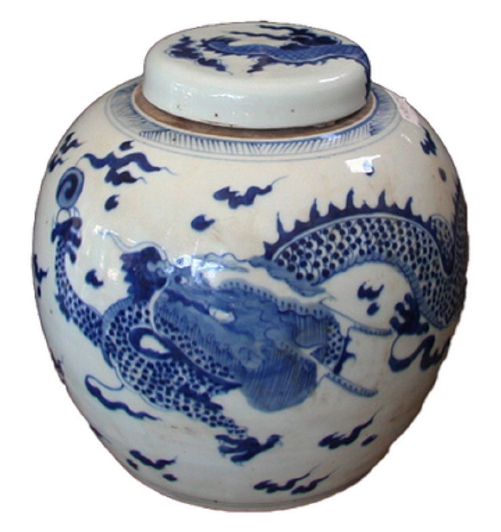 Vintage Style Blue and White Porcelain Lidded Ginger Jar Dragon Motif 9"
