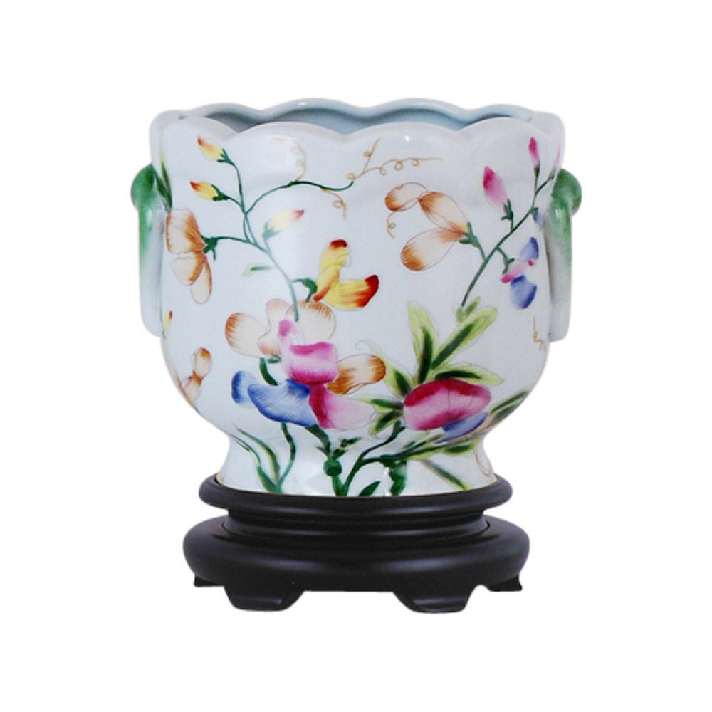 Pair Round Scallop Rim Floral Porcelain Pot Wooden Base 7"