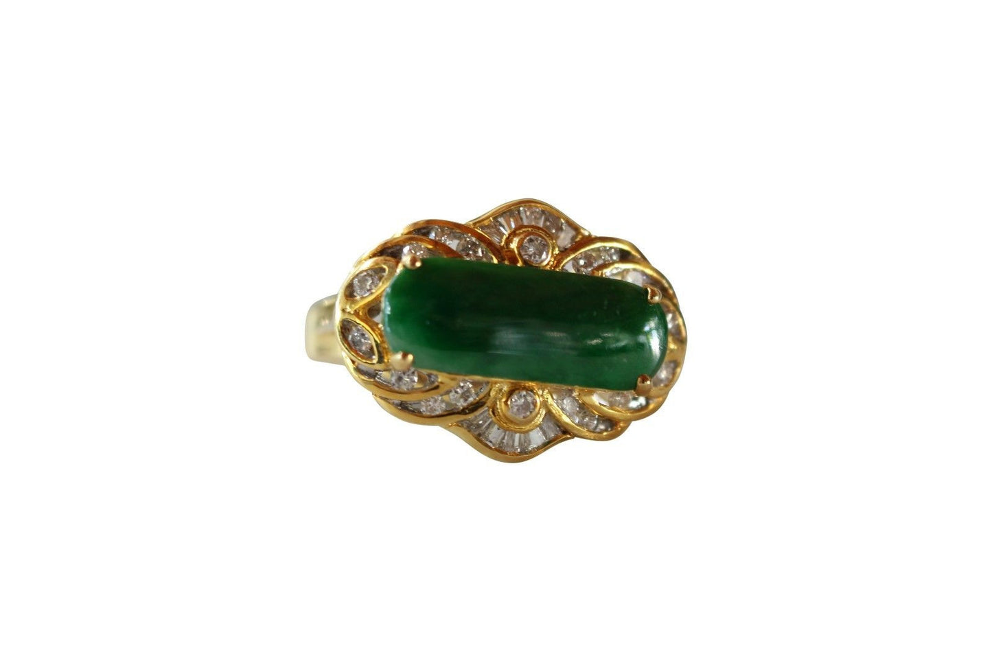 Fine Size 6 Round Imperial Jade Ring with 0.37ct Diamonds 18K Gold Band