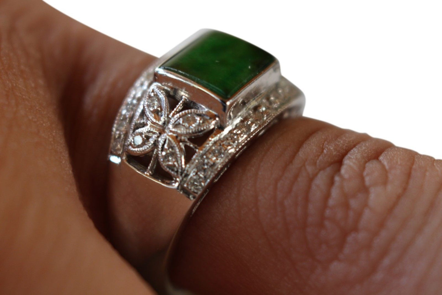 Fine Size 6.5 Rectangular Imperial Jade Ring with 0.32ct Diamonds 18K Gold Band