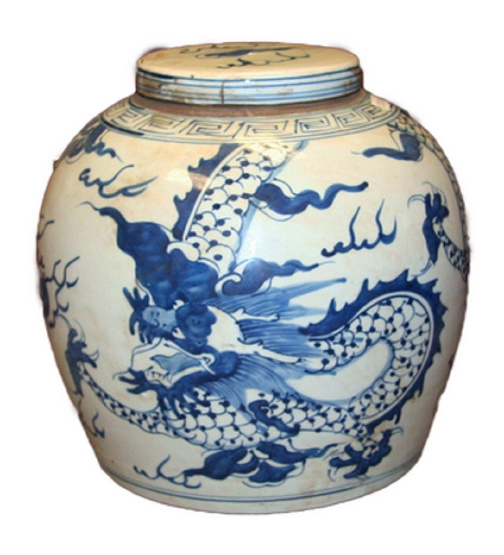 Vintage Style Blue and White Porcelain Lidded Ginger Jar Dragon Motif 9"