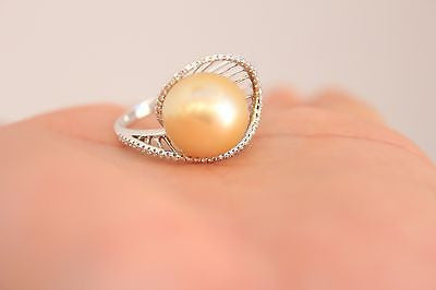 South Sea Gold Pearl 13.1MM 0.21ct Diamonds 18K White Gold Ring SZ 7