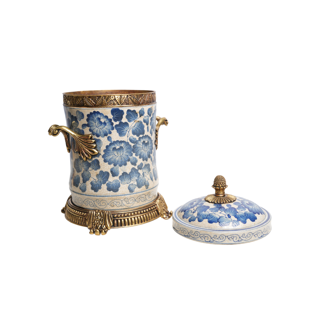 Blue and White Porcelain Floral Motif Cannister Jar Brass Ormolu Accents 12"