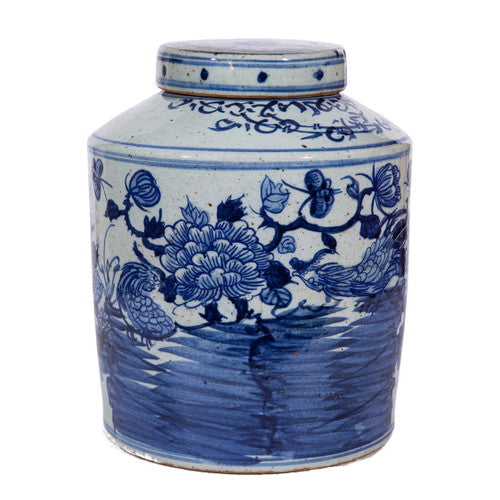 Blue and White Porcelain Dynasty Tea Jar Phoenix Peony Motif