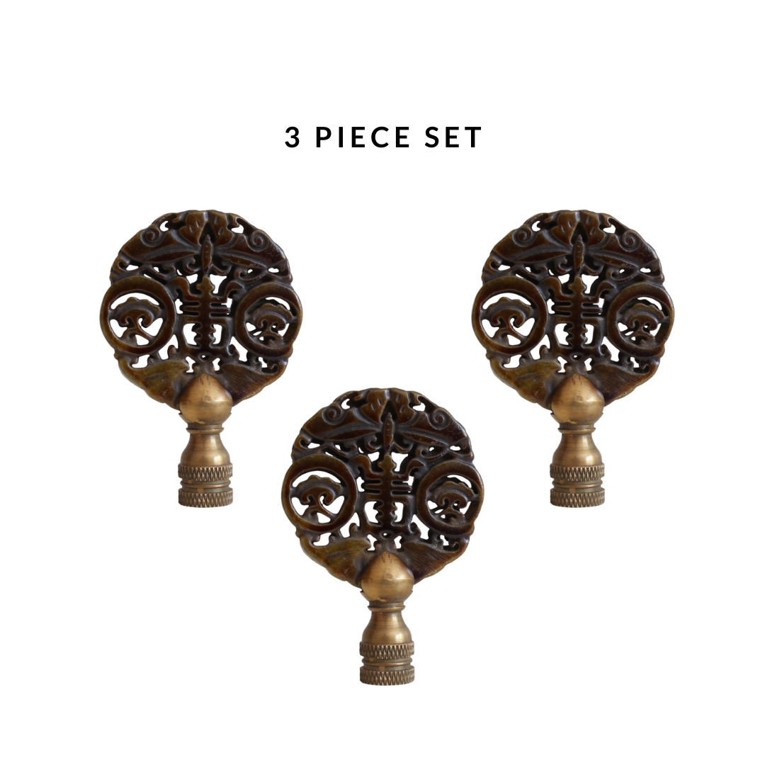 Set of Three Hand Carved Brown Jade Longevity Lamp Finial 3"