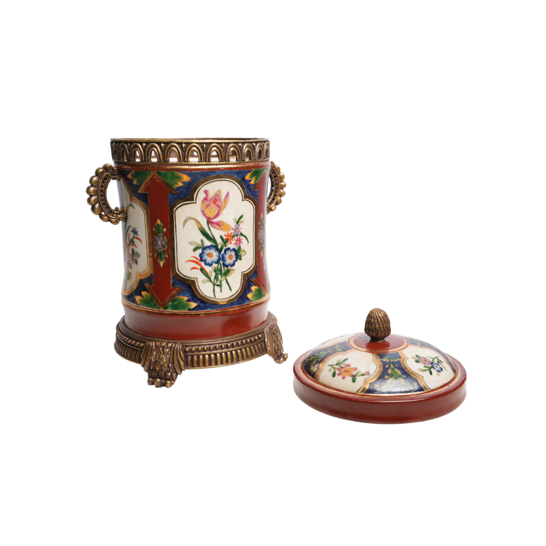 Beautiful Porcelain Floral Motif Cannister Jar Brass Ormolu Accents 12"