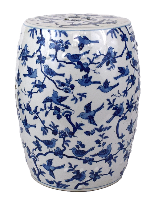 Blue and White Bird Motif Porcelain Garden Stool 18"